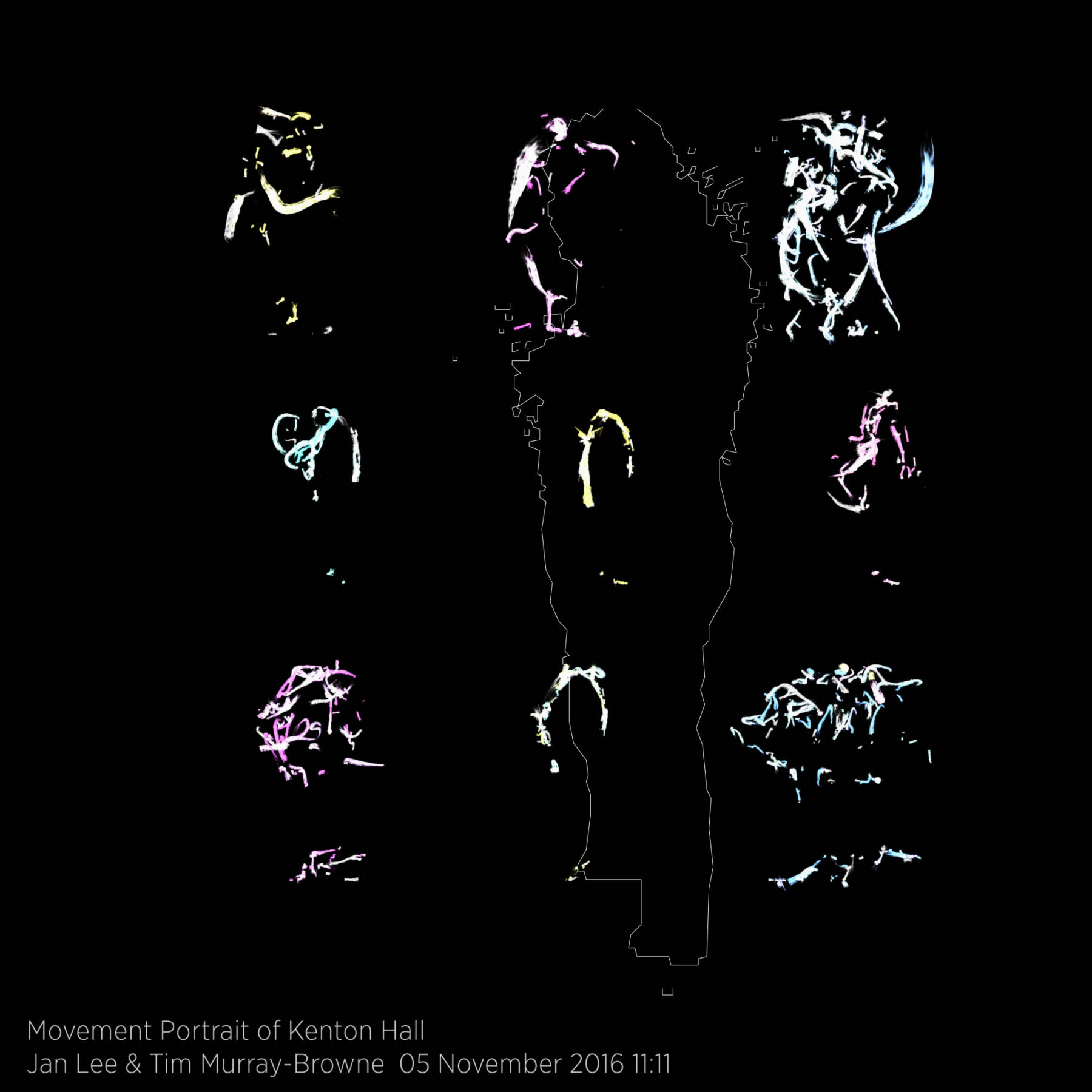 Movement Portrait of Kenton Hall by Jan Lee and Tim Murray-Browne. The portrait is made up of 9 significant moments from the immersive experience, arranged into a grid. Each shows marks drawn by parts of the body as sensed by a 3D camera through a process akin to a calligraphy of the body. Overlaid on top is the outline of the participant at the moment when the portrait was finalised. Part of Movement Alphabet by Jan Lee & Tim Murray-Browne. Taken at G.A.S. Station, 5 Nov 2016.