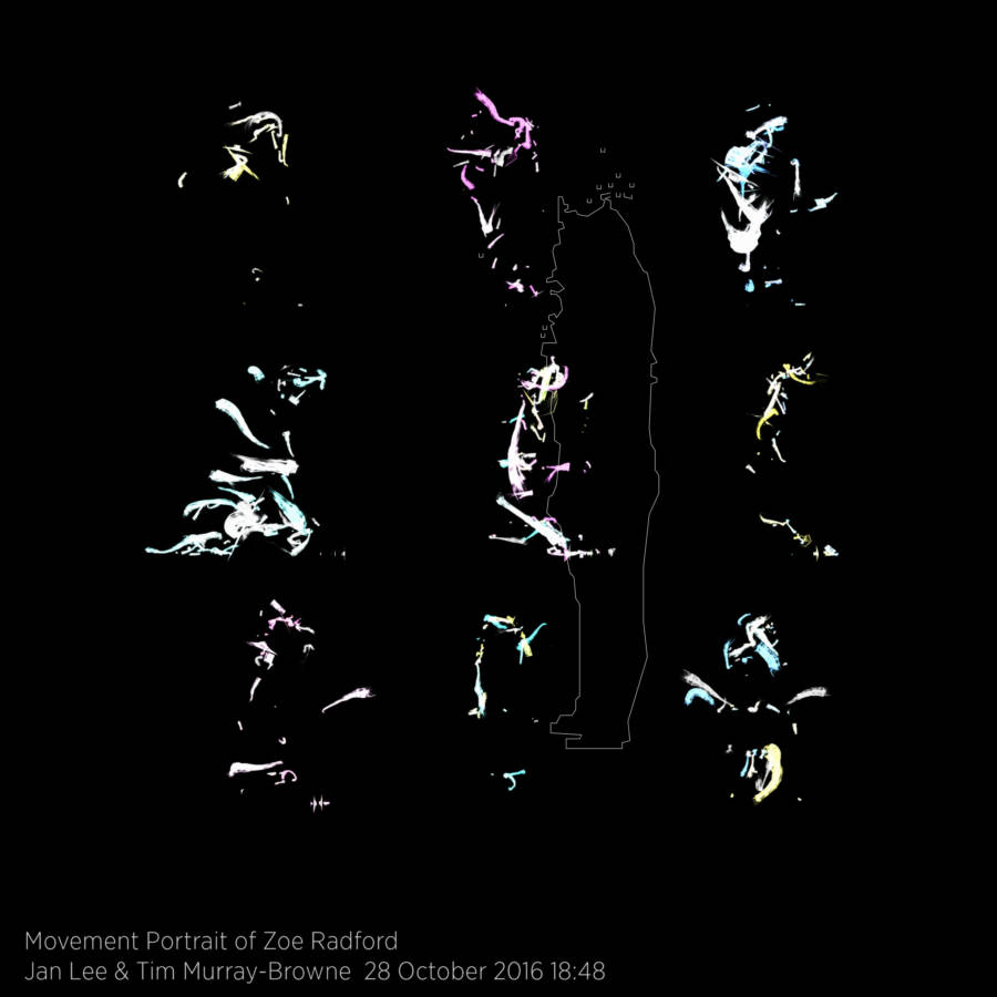 Movement Portrait of Zoe Radford created at Tate Modern on 28 Oct 2016. Part of Movement Alphabet by Jan Lee and Tim Murray-Browne. Each cell of the image is created algorithmically using a 3D sensor analysing movement during an immersive one-on-one experience with a guide.